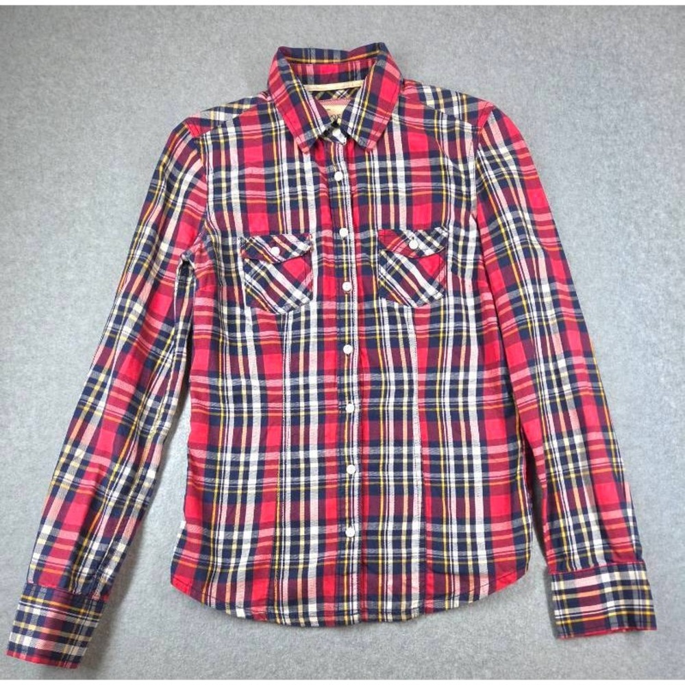Aeropostale Womens XS Red Blue Plaid Cotton Long Sleeve Button Down Shirt